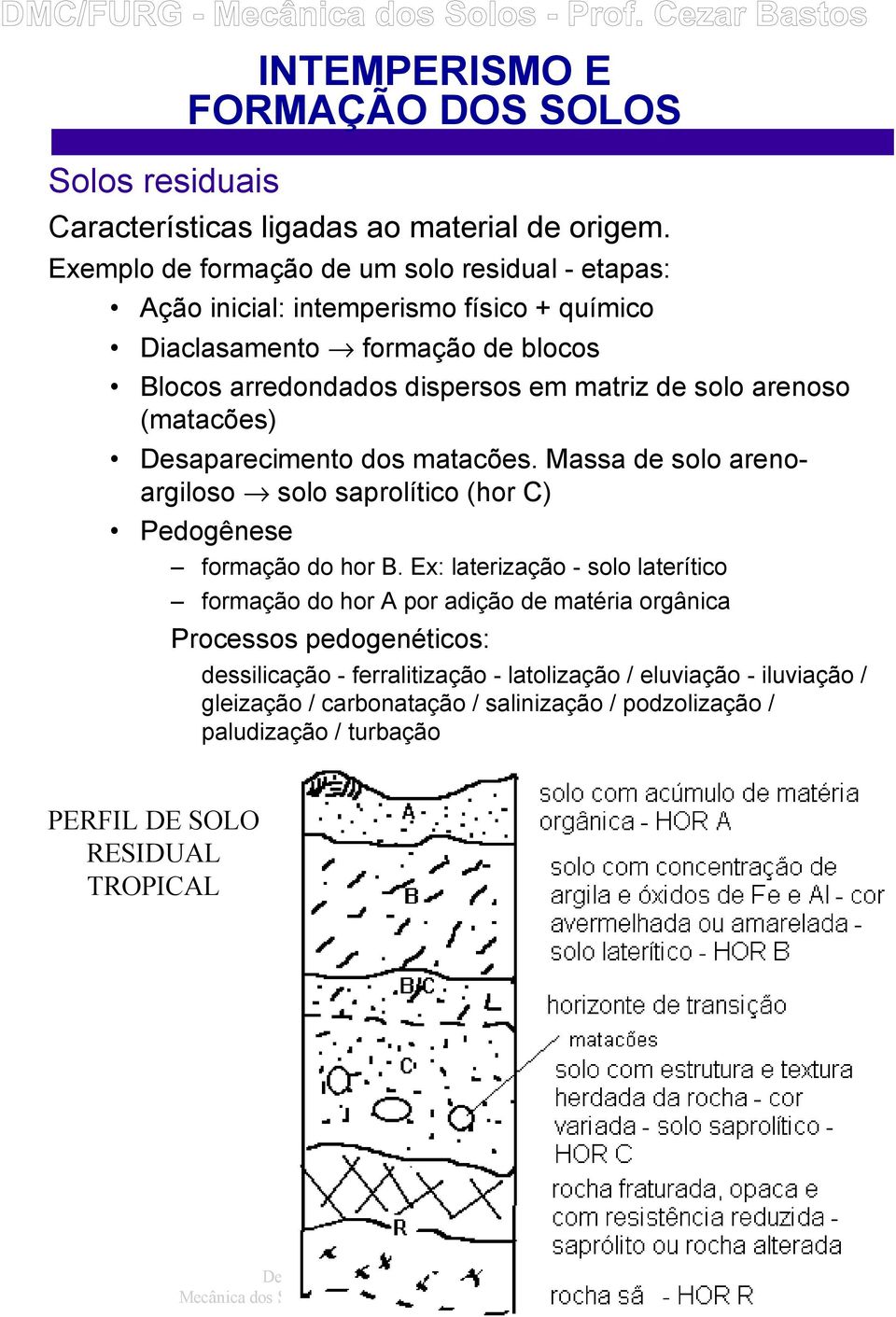Desaparecimento dos matacões. Massa de solo arenoargiloso solo saprolítico (hor C) Pedogênese formação do hor B.