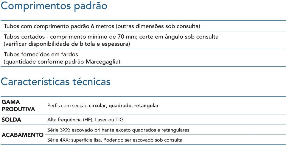 Marcegaglia) Características técnicas GAMA PRODUTIVA SOLDA ACABAMENTO Perfis com secção circular, quadrado, retangular Alta freqüência