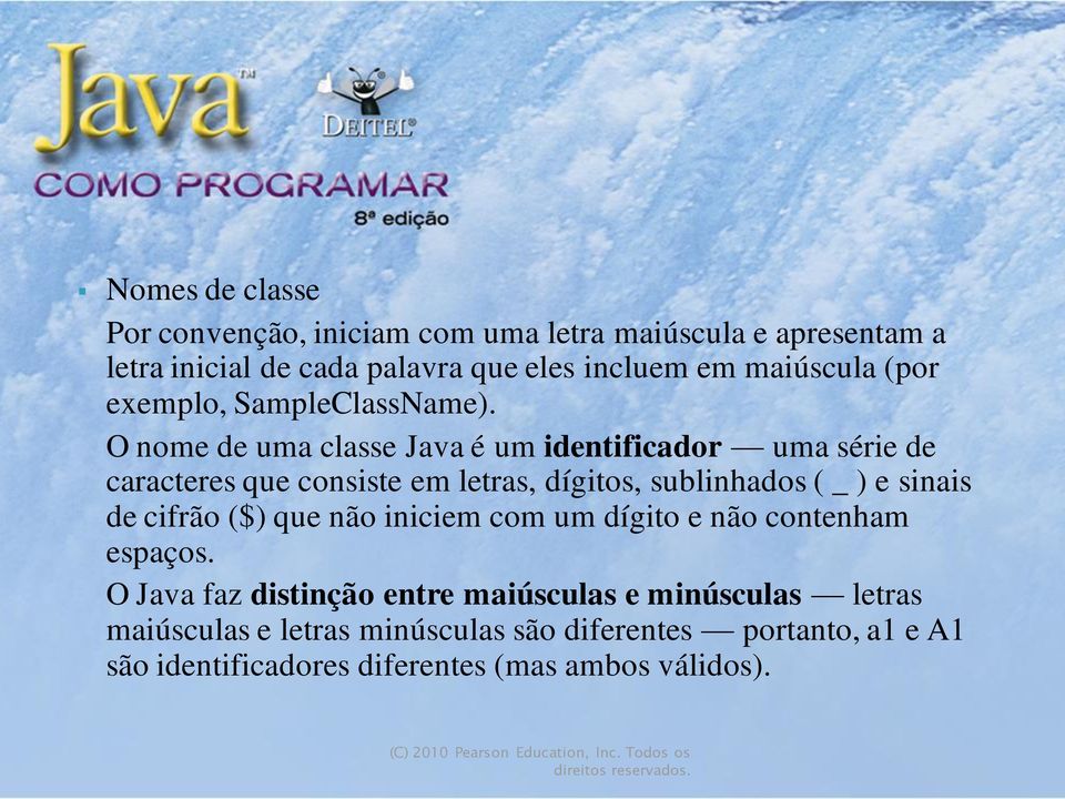 O nome de uma classe Java é um identificador uma série de caracteres que consiste em letras, dígitos, sublinhados ( _ ) e sinais de cifrão ($)