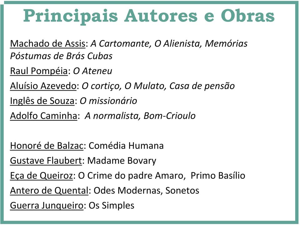 Caminha: A normalista, Bom Crioulo Honoré de Balzac: Comédia Humana Gustave Flaubert: Madame Bovary Eça de