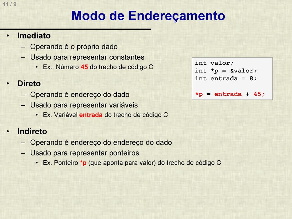 do trecho de código C int valor; int *p = &valor; int entrada = 8; *p = entrada + 45; Indireto Operando é