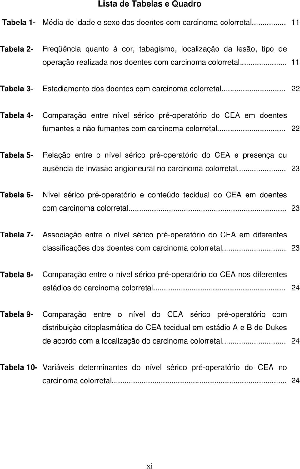 .. 11 Tabela 3- Estadiamento dos doentes com carcinoma colorretal... 22 Tabela 4- Comparação entre nível sérico pré-operatório do CEA em doentes fumantes e não fumantes com carcinoma colorretal.