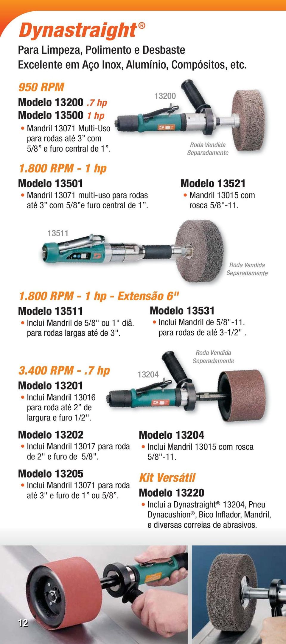 13200 Roda Vendida Modelo 13521 Mandril 13015 com rosca 5/8"-11. 13511 Roda Vendida 1.800 RPM - 1 hp - Extensão 6" Modelo 13511 Modelo 13531 Inclui Mandril de 5/8" ou 1" diâ.