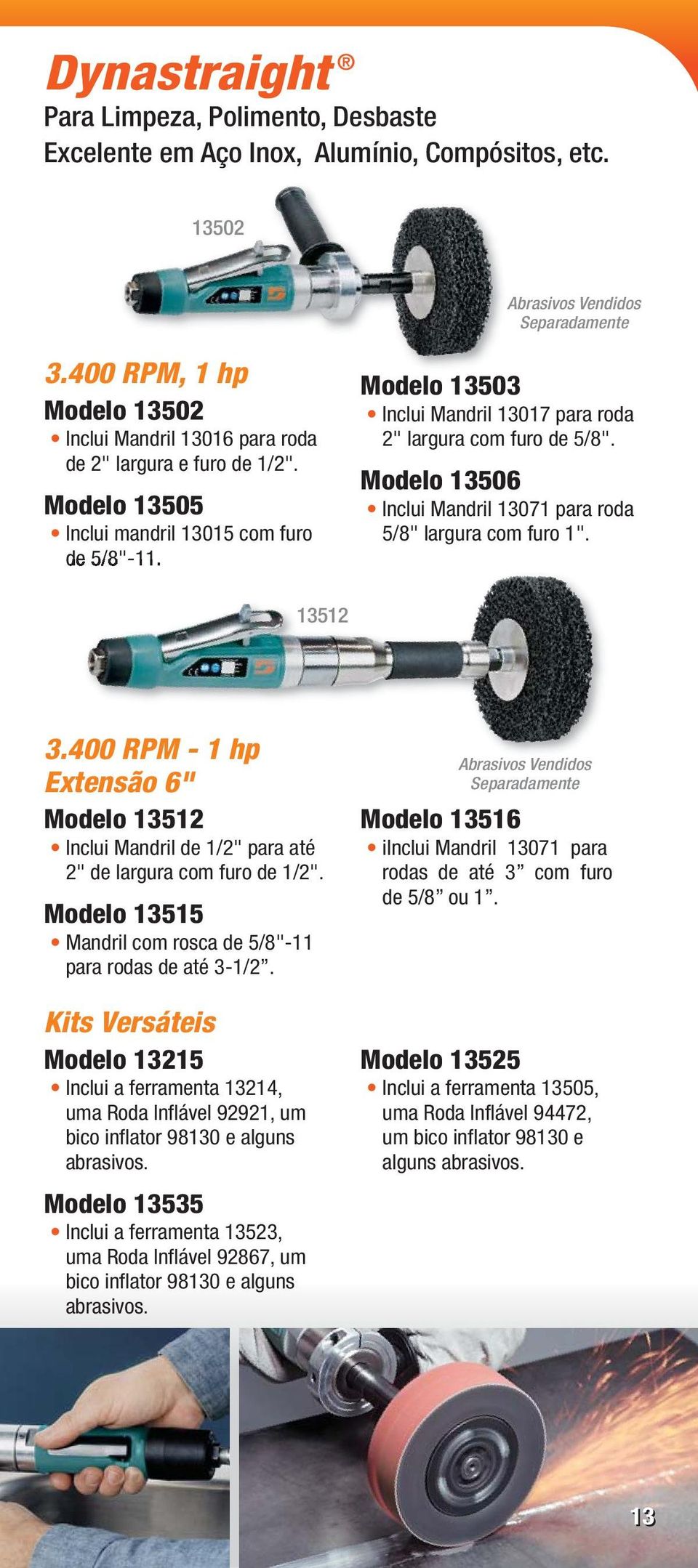 Modelo 13503 Inclui Mandril 13017 para roda 2" largura com furo de 5/8". Modelo 13506 Inclui Mandril 13071 para roda 5/8" largura com furo 1". 13512 3.