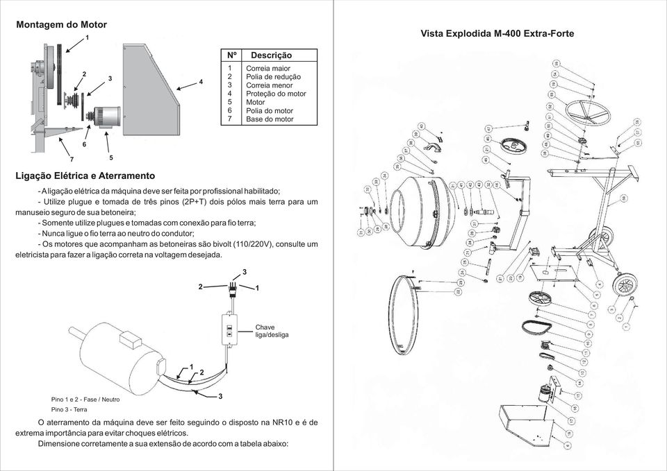 para fio terra; - Nunca ligue o fio terra ao neutro do condutor; - Os motores que acompanham as betoneiras são bivolt (0/0V), consulte um eletricista para fazer a ligação correta na voltagem desejada.