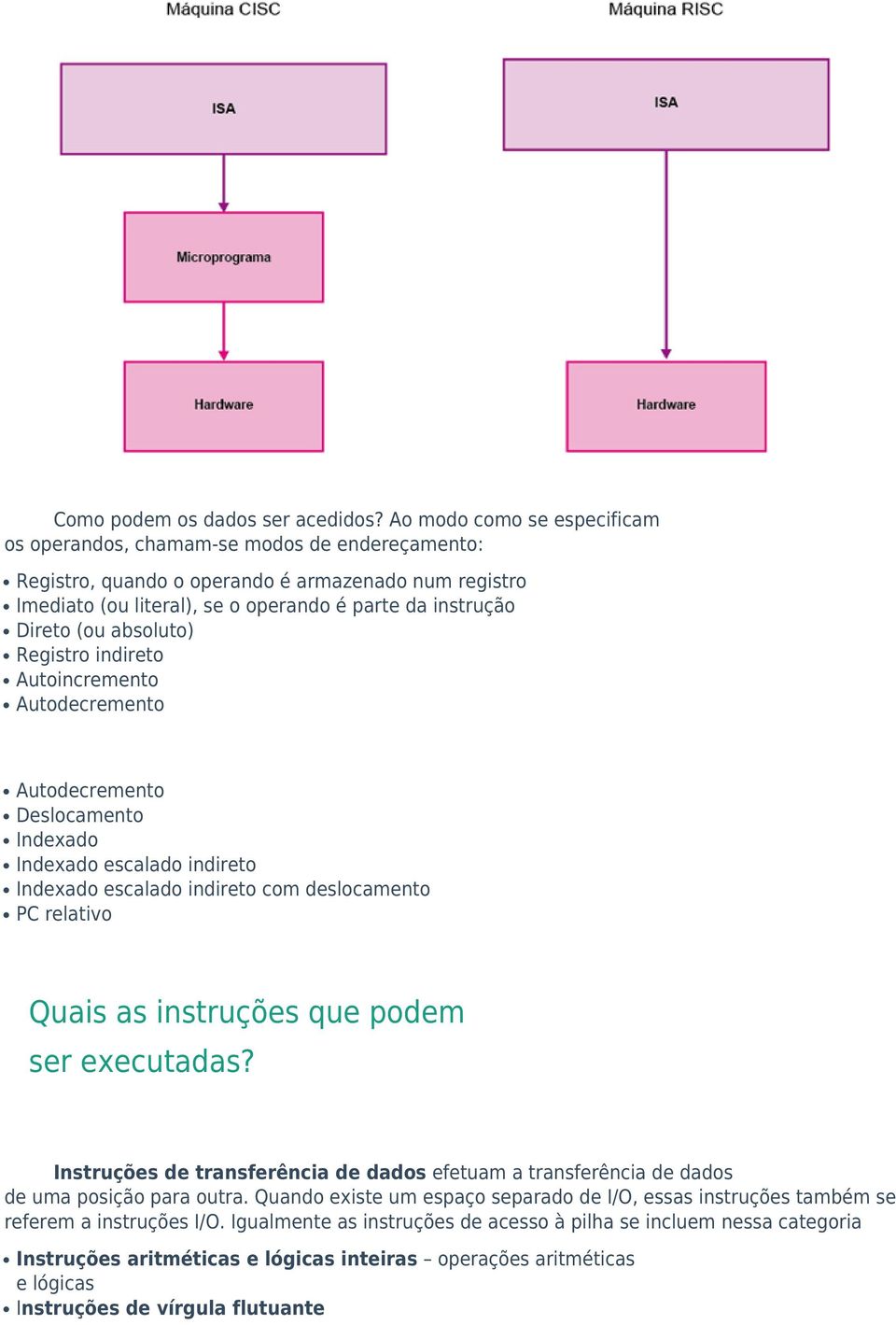 absoluto) Registro indireto Autoincremento Autodecremento Autodecremento Deslocamento Indexado Indexado escalado indireto Indexado escalado indireto com deslocamento PC relativo Quais as instruções