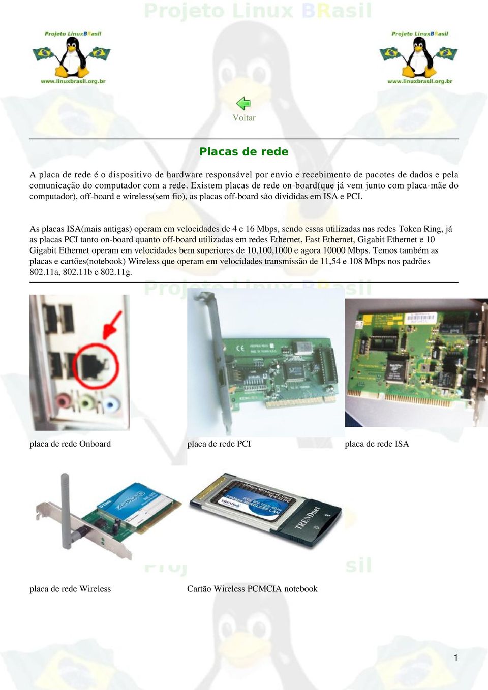 As placas ISA(mais antigas) operam em velocidades de 4 e 16 Mbps, sendo essas utilizadas nas redes Token Ring, já as placas PCI tanto on-board quanto off-board utilizadas em redes Ethernet, Fast