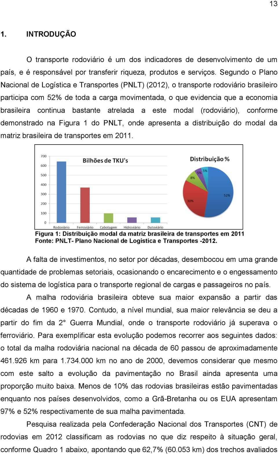 bastante atrelada a este modal (rodoviário), conforme demonstrado na Figura 1 do PNLT, onde apresenta a distribuição do modal da matriz brasileira de transportes em 2011.