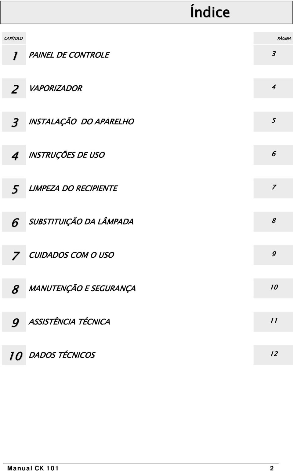 RECIPIENTE 7 6 SUBSTITUIÇÃO DA LÂMPADA 8 7 CUIDADOS COM O USO 9 8