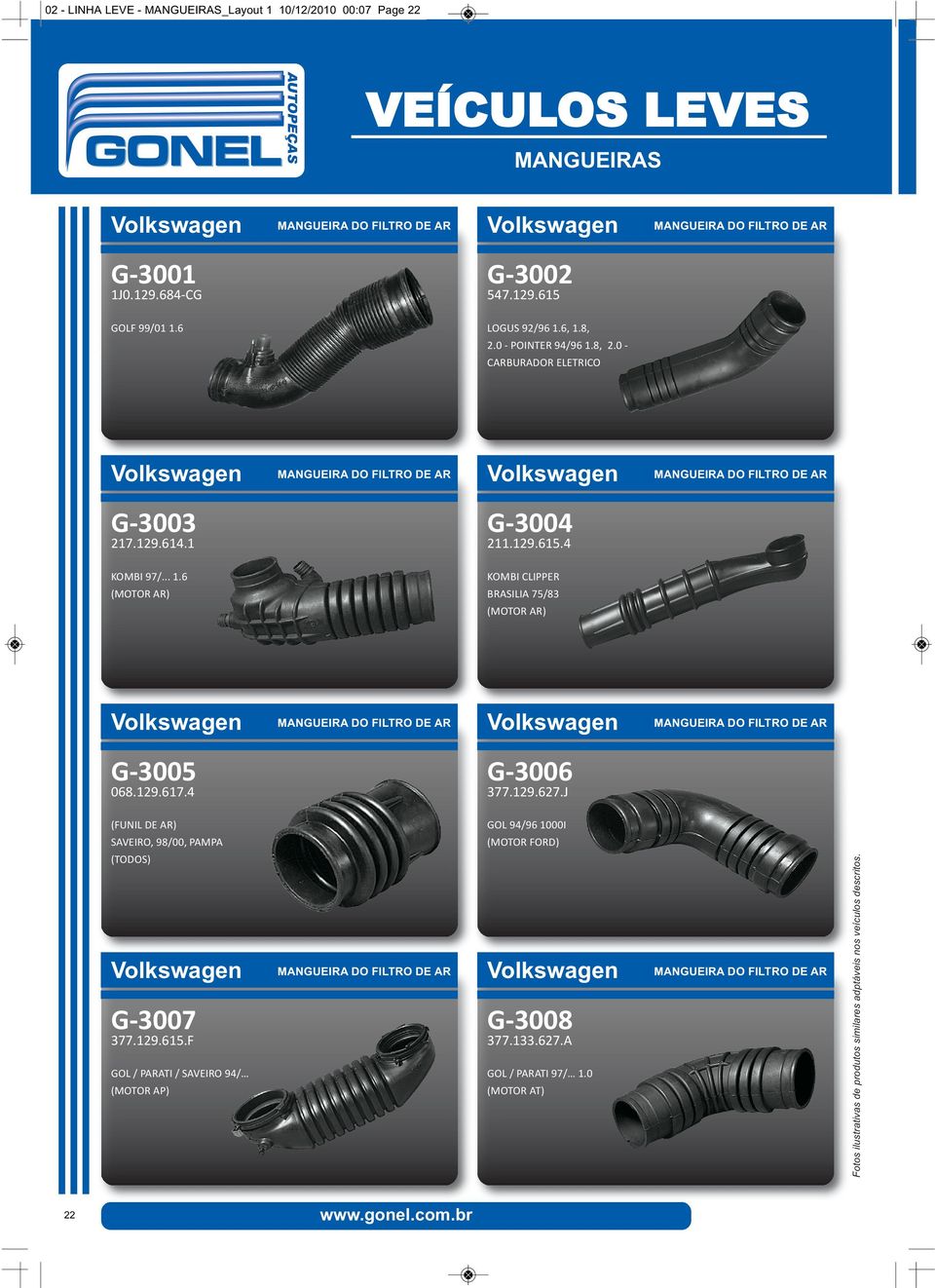 129.615.4 G 3005 G 3006 (FUNIL DE AR) SAVEIRO, 98/00, PAMPA GOL 94/96 1000I (MOTOR FORD) 068.129.617.4 547.129.615 217.129.614.