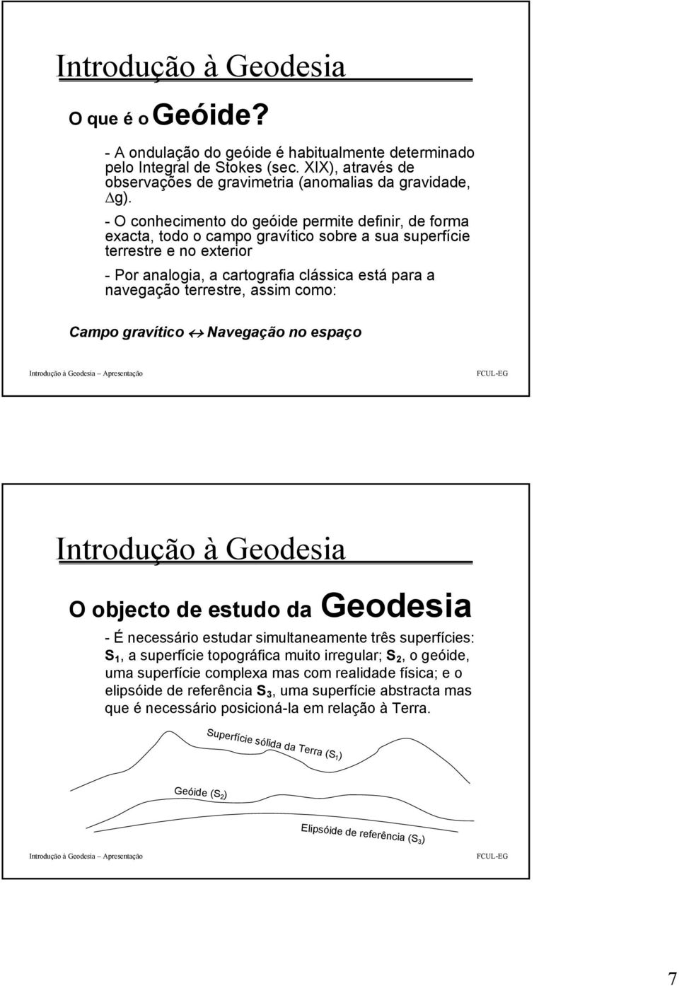 assim como: Camo gravítico Navegação no esaço à Geodesia O objecto de estudo da Geodesia - É necessário estudar simultaneamente três suerfícies: S 1, a suerfície toográfica muito irregular; S, o