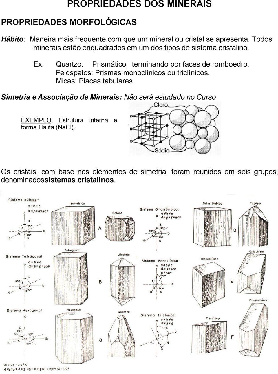 Feldspatos: Prismas monoclínicos ou triclínicos. Micas: Placas tabulares.