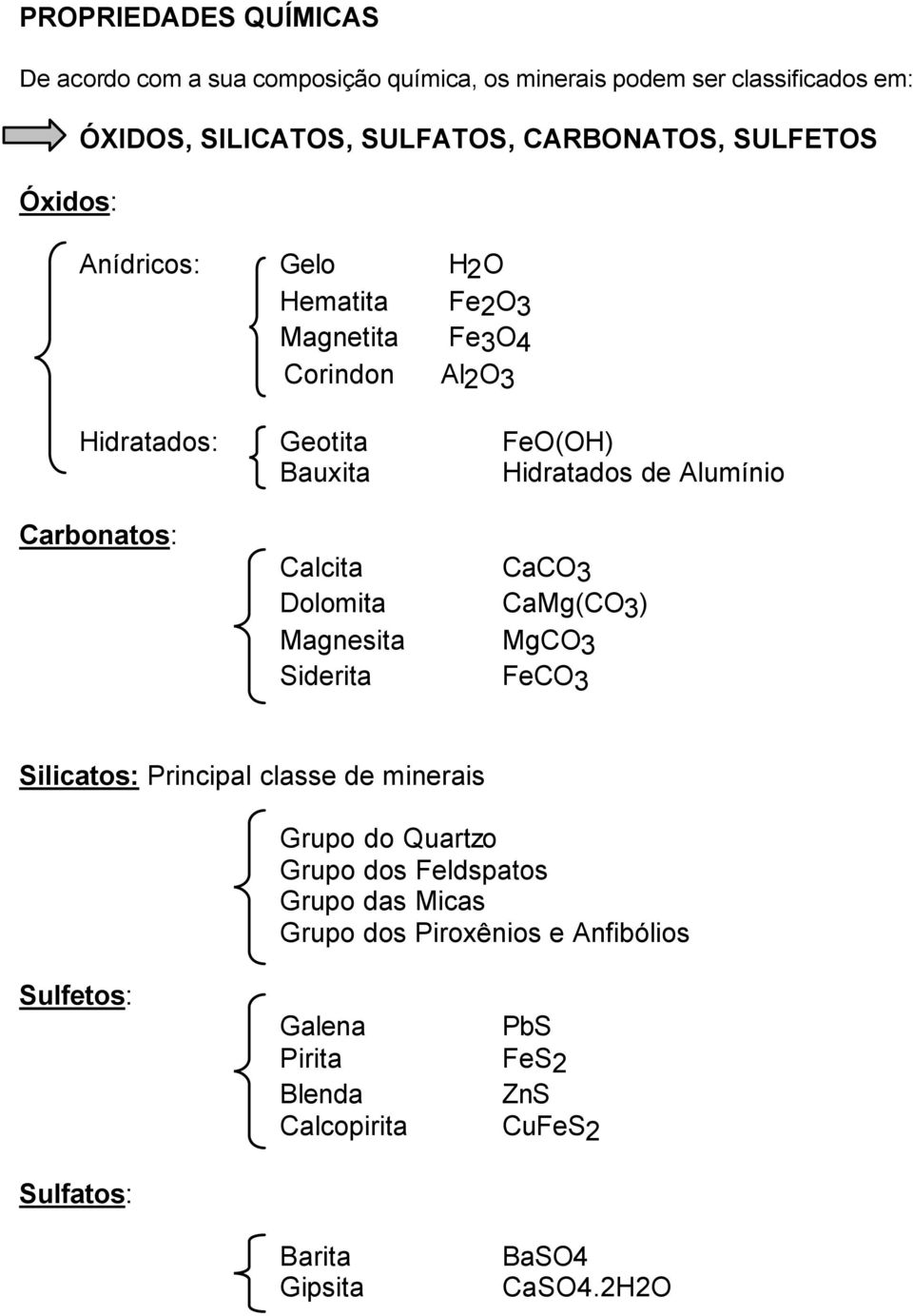 Carbonatos: Calcita Dolomita Magnesita Siderita CaCO3 CaMg(CO3) MgCO3 FeCO3 Silicatos: Principal classe de minerais Grupo do Quartzo Grupo dos