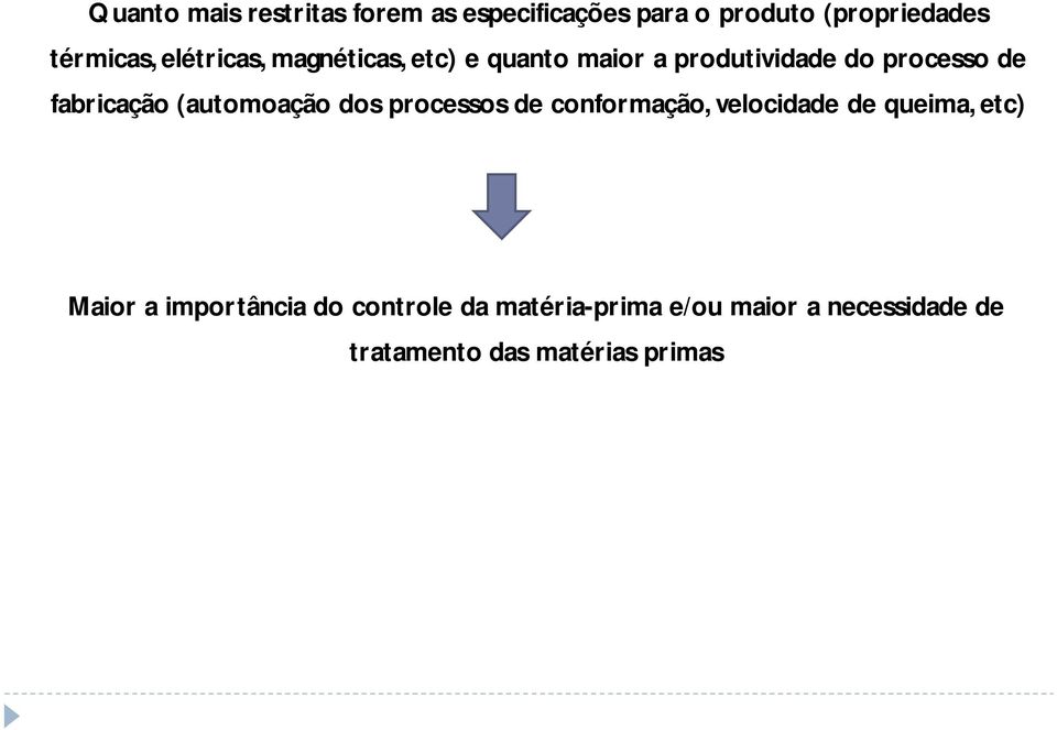 (automoação dos processos de conformação, velocidade de queima, etc) Maior a