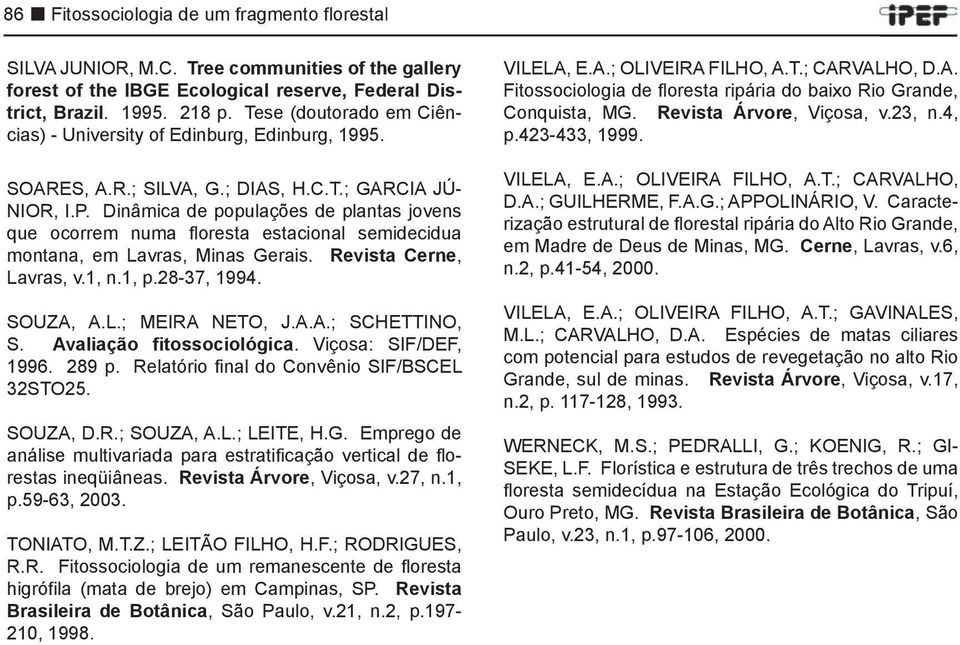 Dinâmica de populações de plantas jovens que ocorrem numa floresta estacional semidecidua montana, em Lavras, Minas Gerais. Revista Cerne, Lavras, v.1, n.1, p.28-37, 1994. SOUZA, A.L.; MEIRA NETO, J.