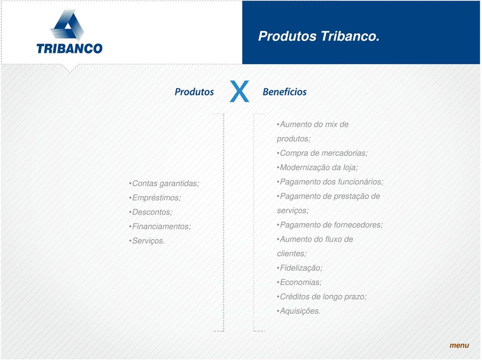 Aumento do mix de produtos; Compra de mercadorias; Modernização da loja; Pagamento