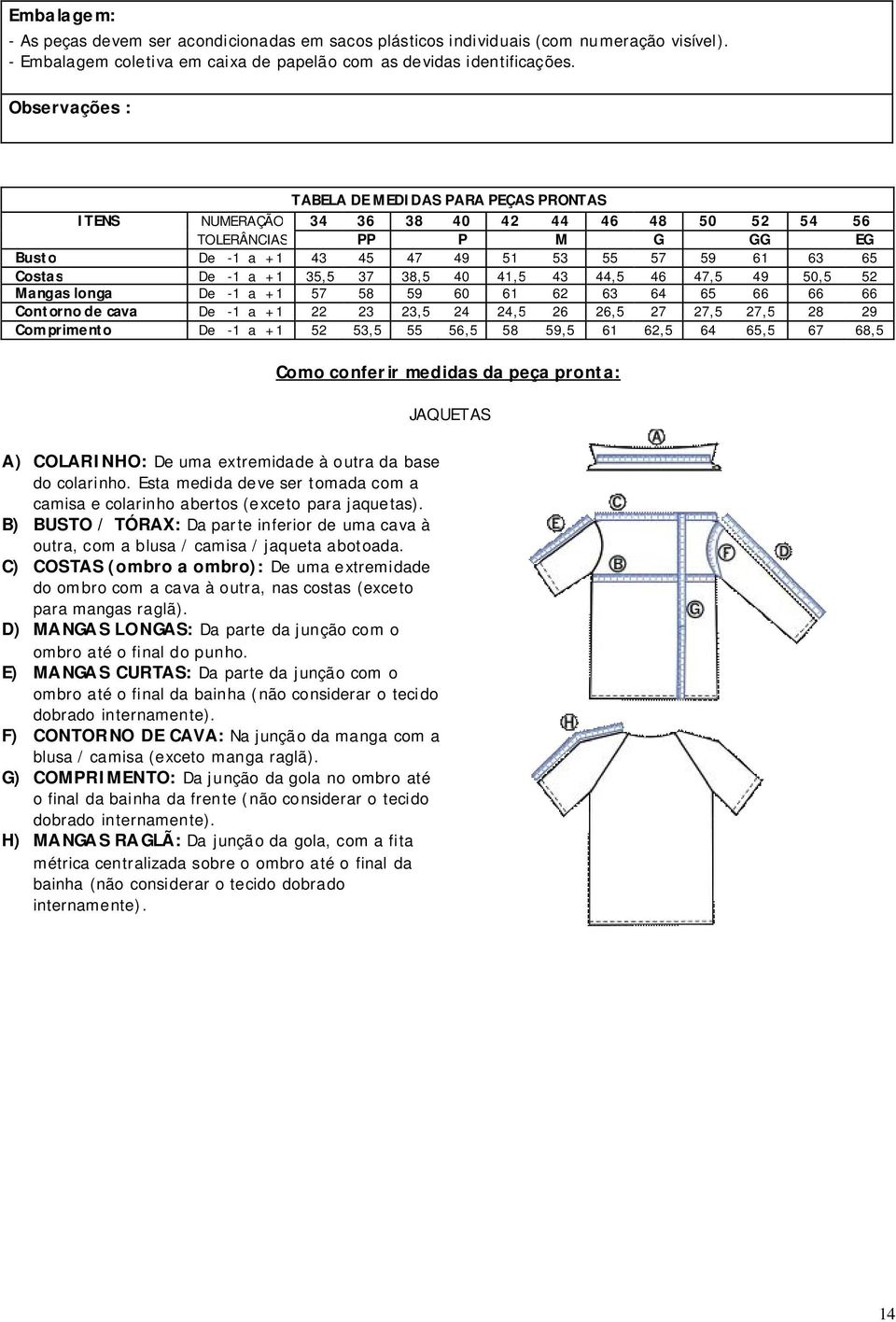 +1 35,5 37 38,5 40 41,5 43 44,5 46 47,5 49 50,5 52 Mangas longa De -1 a +1 57 58 59 60 61 62 63 64 65 66 66 66 Contorno de cava De -1 a +1 22 23 23,5 24 24,5 26 26,5 27 27,5 27,5 28 29 Comprimento De