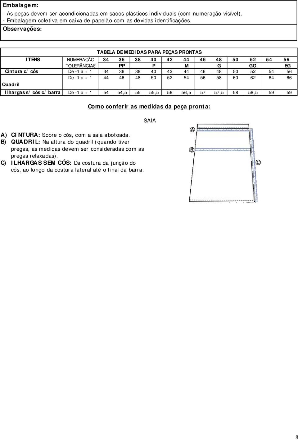 + 1 44 46 48 50 52 54 56 58 60 62 64 66 Quadril Ilhargas s/ cós c/ barra De -1 a + 1 54 54,5 55 55,5 56 56,5 57 57,5 58 58,5 59 59 A) CINTURA: Sobre o cós, com a saia abotoada.