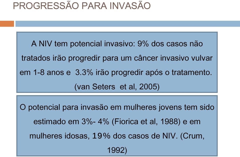 (van Seters et al, 2005) O potencial para invasão em mulheres jovens tem sido estimado em 3%-