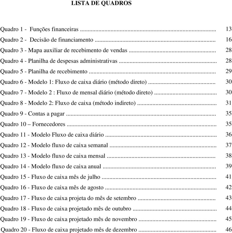 .. Quadro 8 - Modelo 2: Fluxo de caixa (método indireto)... Quadro 9 - Contas a pagar... Quadro 10 Fornecedores... Quadro 11 - Modelo Fluxo de caixa diário... Quadro 12 - Modelo fluxo de caixa semanal.