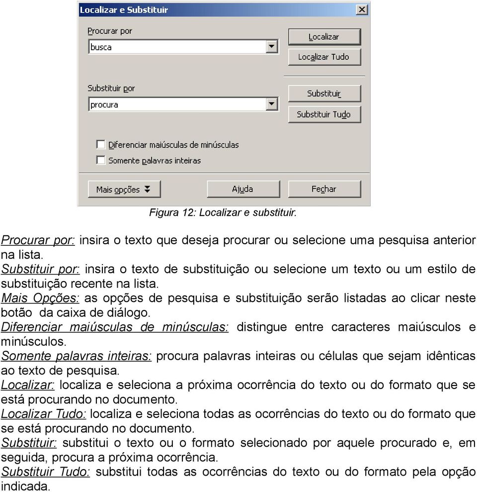 Mais Opções: as opções de pesquisa e substituição serão listadas ao clicar neste botão da caixa de diálogo. Diferenciar maiúsculas de minúsculas: distingue entre caracteres maiúsculos e minúsculos.