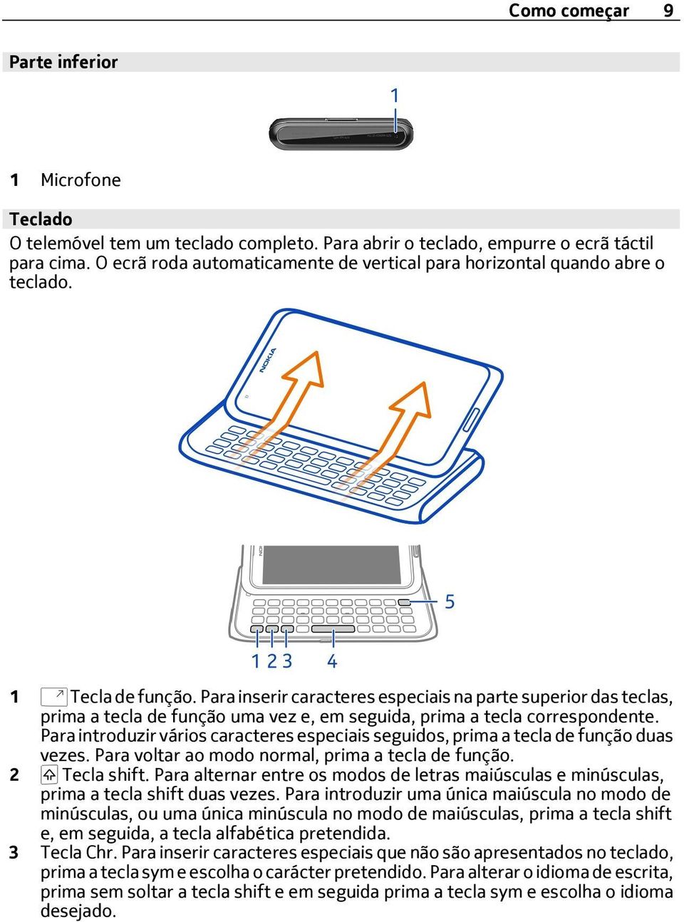 Para inserir caracteres especiais na parte superior das teclas, prima a tecla de função uma vez e, em seguida, prima a tecla correspondente.