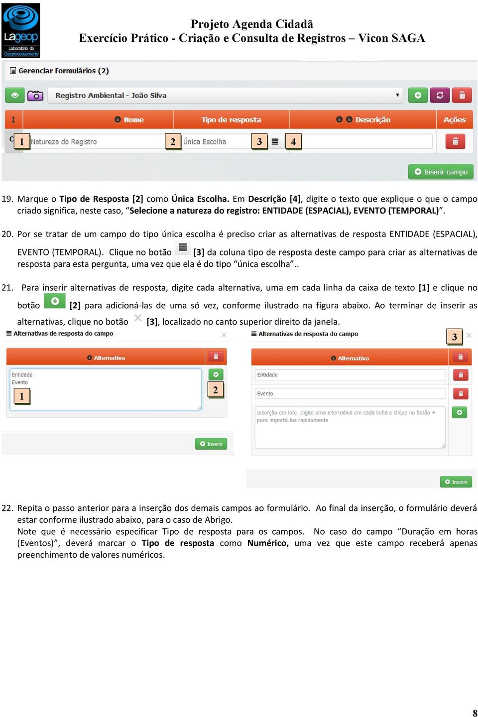 Por se tratar de um campo do tipo única escolha é preciso criar as alternativas de resposta ENTIDADE (ESPACIAL), EVENTO (TEMPORAL).