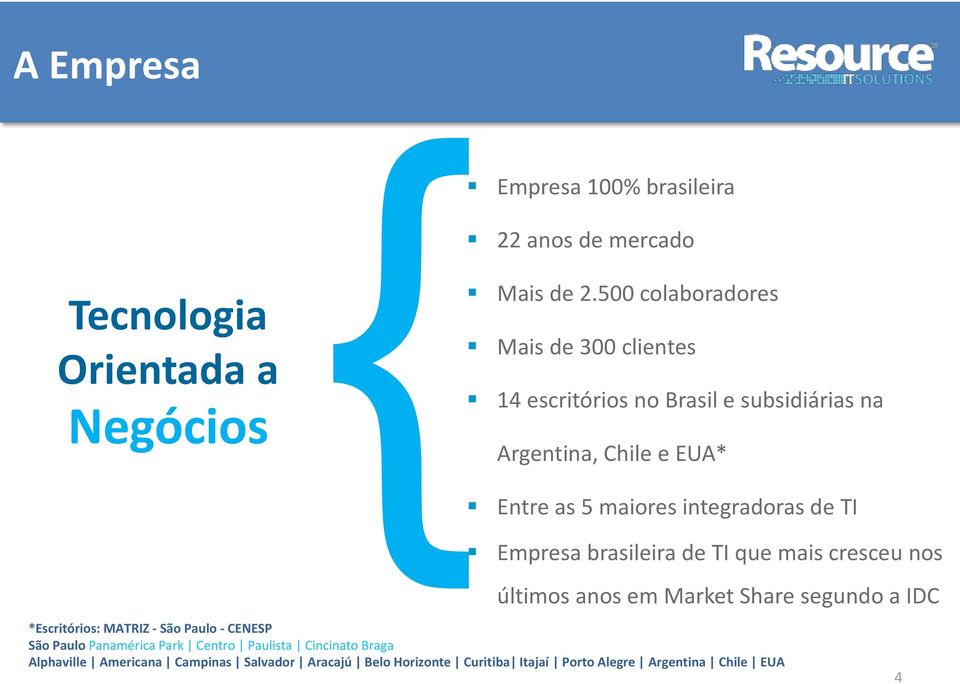 integradoras de TI Empresa brasileira de TI que mais cresceu nos últimos anos em Market Share segundo a IDC *Escritórios: MATRIZ - São