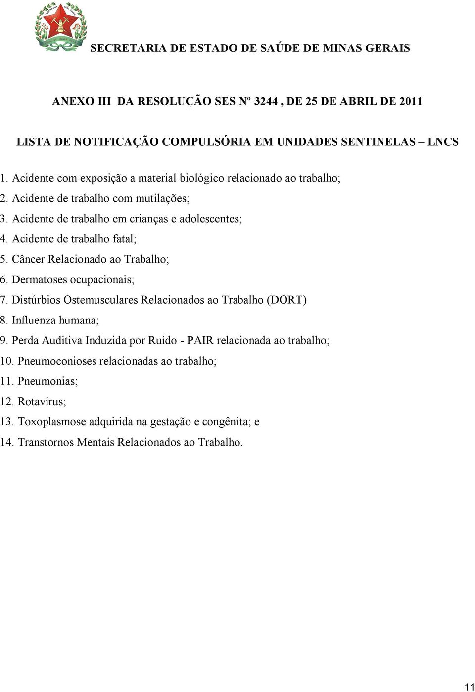 Acidente de trabalho fatal; 5. Câncer Relacionado ao Trabalho; 6. Dermatoses ocupacionais; 7. Distúrbios Ostemusculares Relacionados ao Trabalho (DORT) 8. Influenza humana; 9.