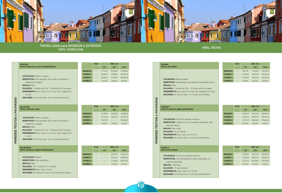 312 BRANCO - 17,75 61,86 173,86 BRANCO - 9,37 41,09 122,33 BENEFICIOS: Facil aplicação, bom poder de cobertura, resistencia à lavagem CORES 1-20,95 72,99 184,20 CORES 2-23,08 77,32 202,93 BENEFICIOS: