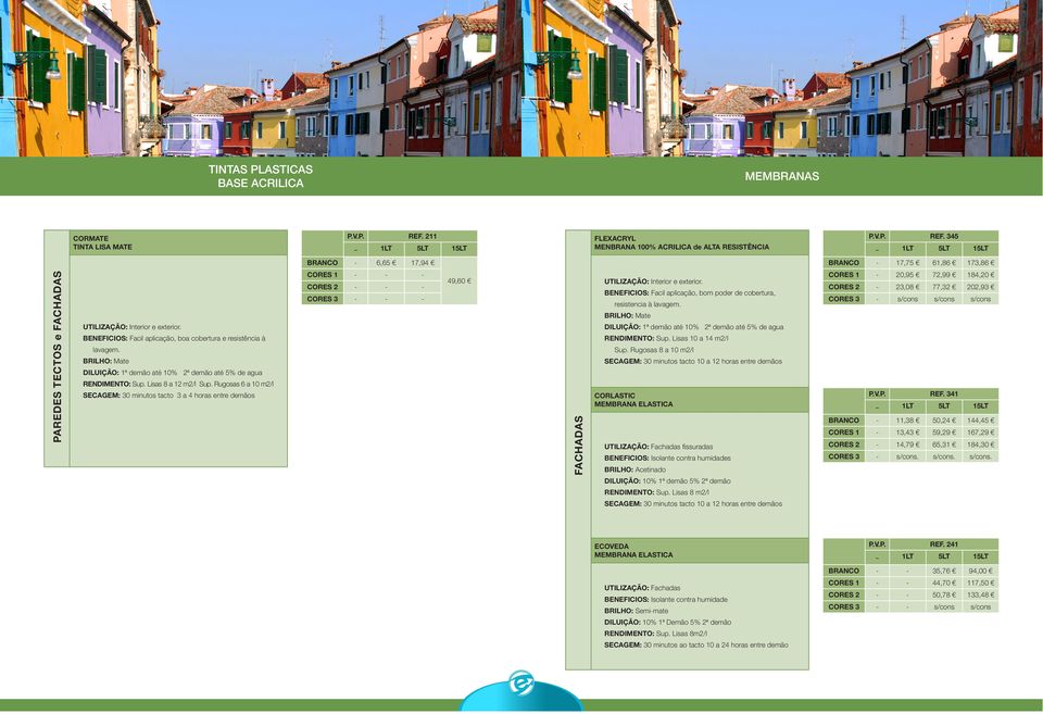 345 BRANCO - 6,65 17,94 BRANCO - 17,75 61,86 173,86 PAREDES TECTOS e FACHADAS BENEFICIOS: Facil aplicação, boa cobertura e resistência à lavagem.