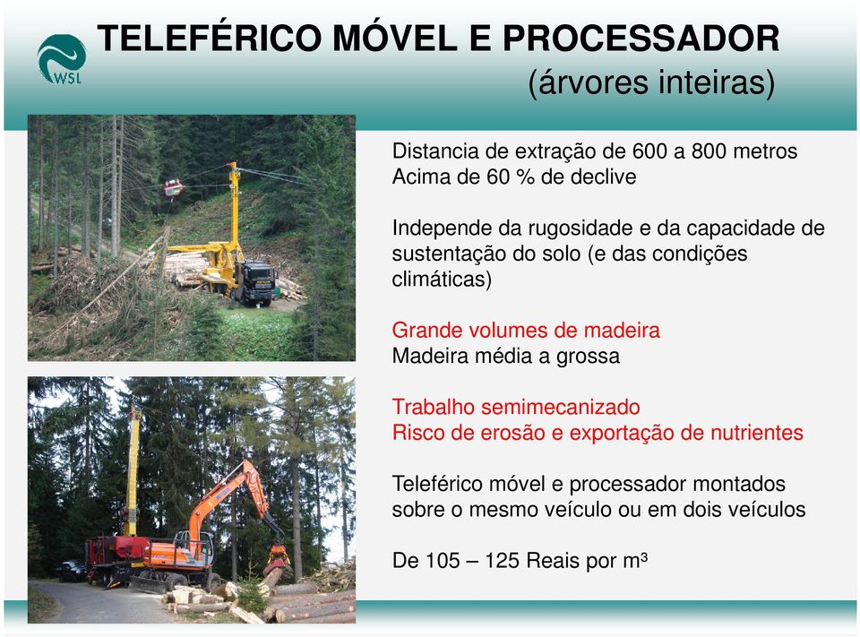 Grande volumes de madeira Madeira média a grossa Trabalho semimecanizado Risco de erosão e exportação de