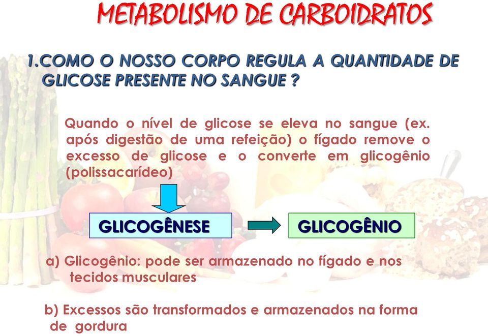 após digestão de uma refeição) o fígado remove o excesso de glicose e o converte em glicogênio