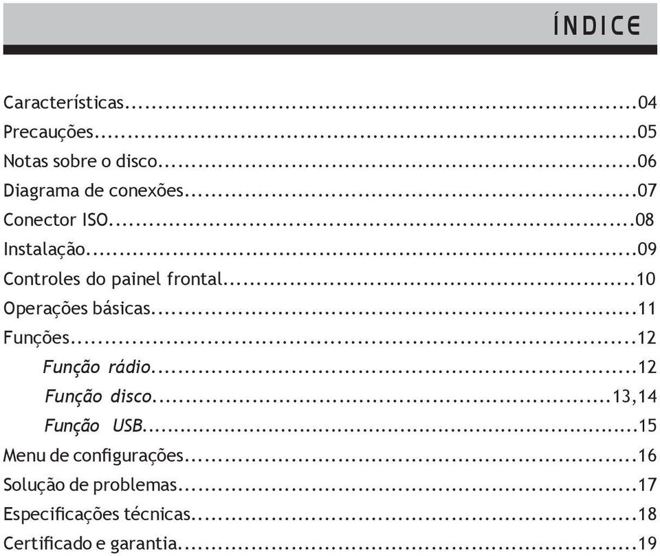 ..10 Operações básicas...11 Funções...12 Função rádio...12 Função disco...13,14 Função USB.