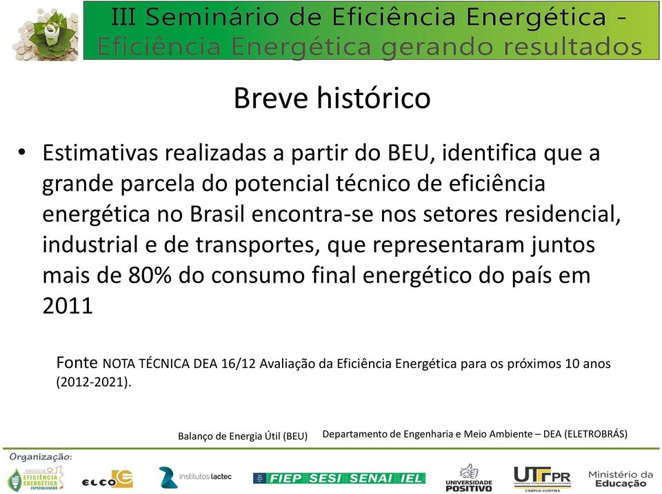 juntos mais de 80% do consumo final energético do país em 2011 Fonte NOTA TÉCNICA DEA 16/12 Avaliação da Eficiência