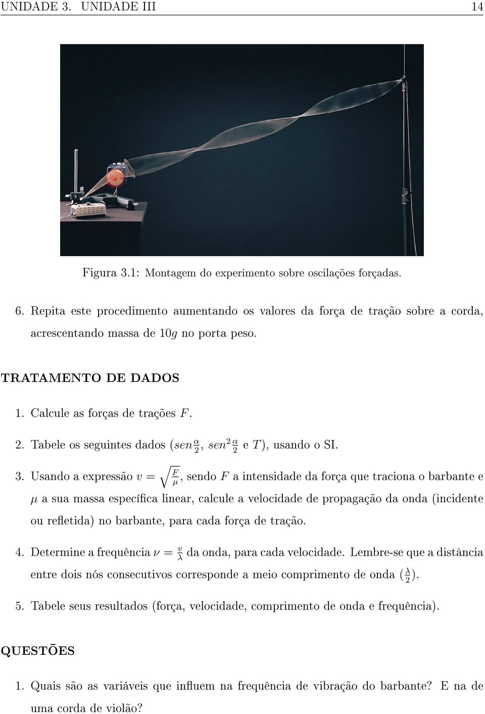 Tabele os seguintes dados (sen α, 2 sen2 α e T), usando o SI. 2 3.