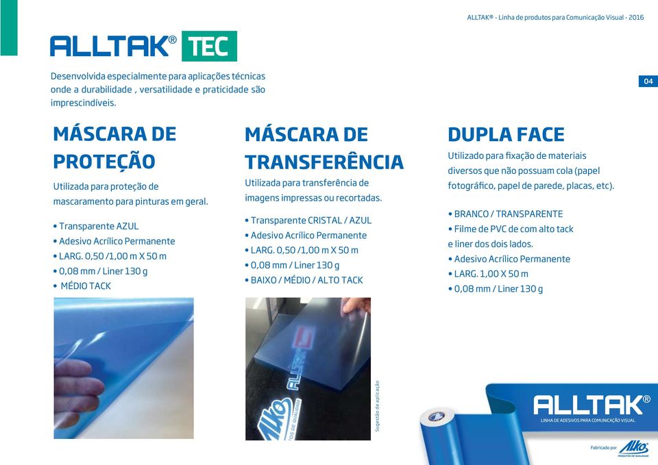 0,50 /1,00 m X 50 m 0,08 mm / Liner 130 g MÉDIO TACK MÁSCARA DE TRANSFERÊNCIA Utilizada para transferência de imagens impressas ou recortadas. Transparente CRISTAL / AZUL LARG.