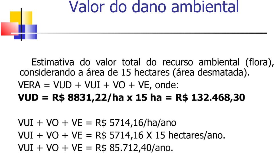 VERA = VUD + VUI + VO + VE, onde: VUD = R$ 8831,22/ha x 15 ha = R$ 132.