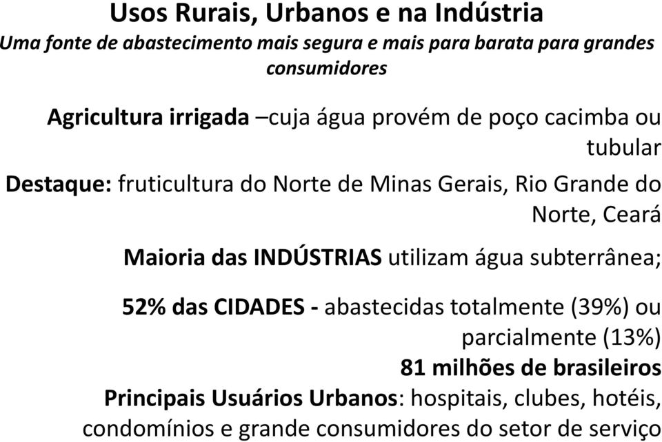 Norte, Ceará Maioria das INDÚSTRIAS utilizam água subterrânea; 52% das CIDADES - abastecidas totalmente (39%) ou parcialmente
