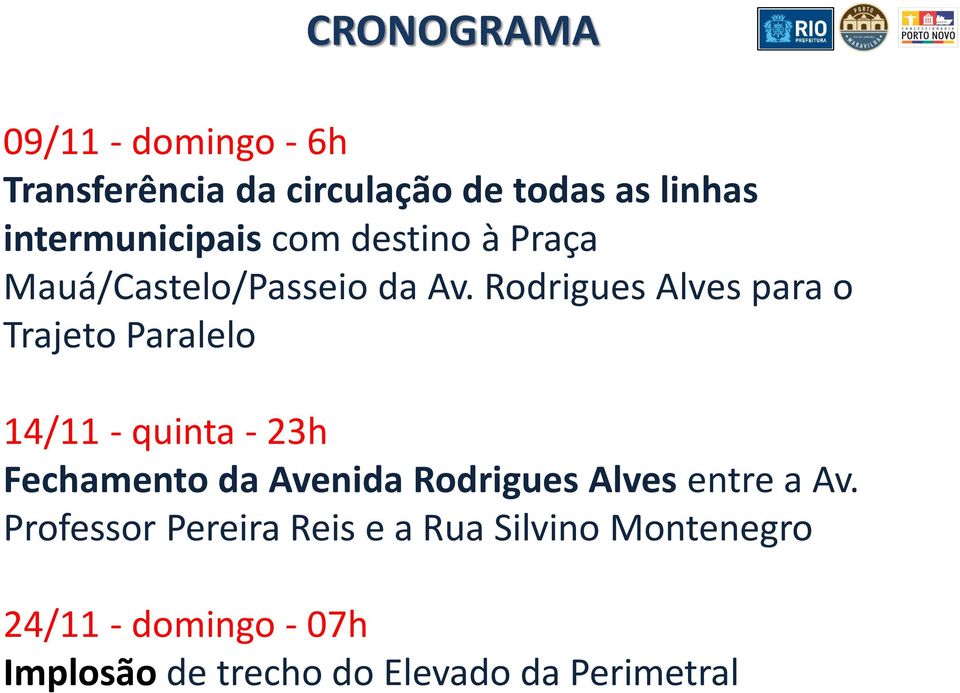 Rodrigues Alves para o Trajeto Paralelo 14/11 - quinta - 23h Fechamento da Avenida Rodrigues