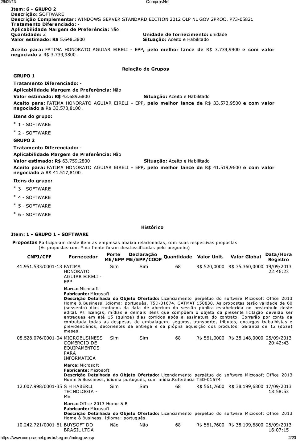 648,3800 Situação: Aceito e Habilitado Aceito para: FATIMA HONORATO AGUIAR EIRELI -, pelo melhor lance de R$ 3.739,9900 e com valor negociado a R$ 3.739,9800.