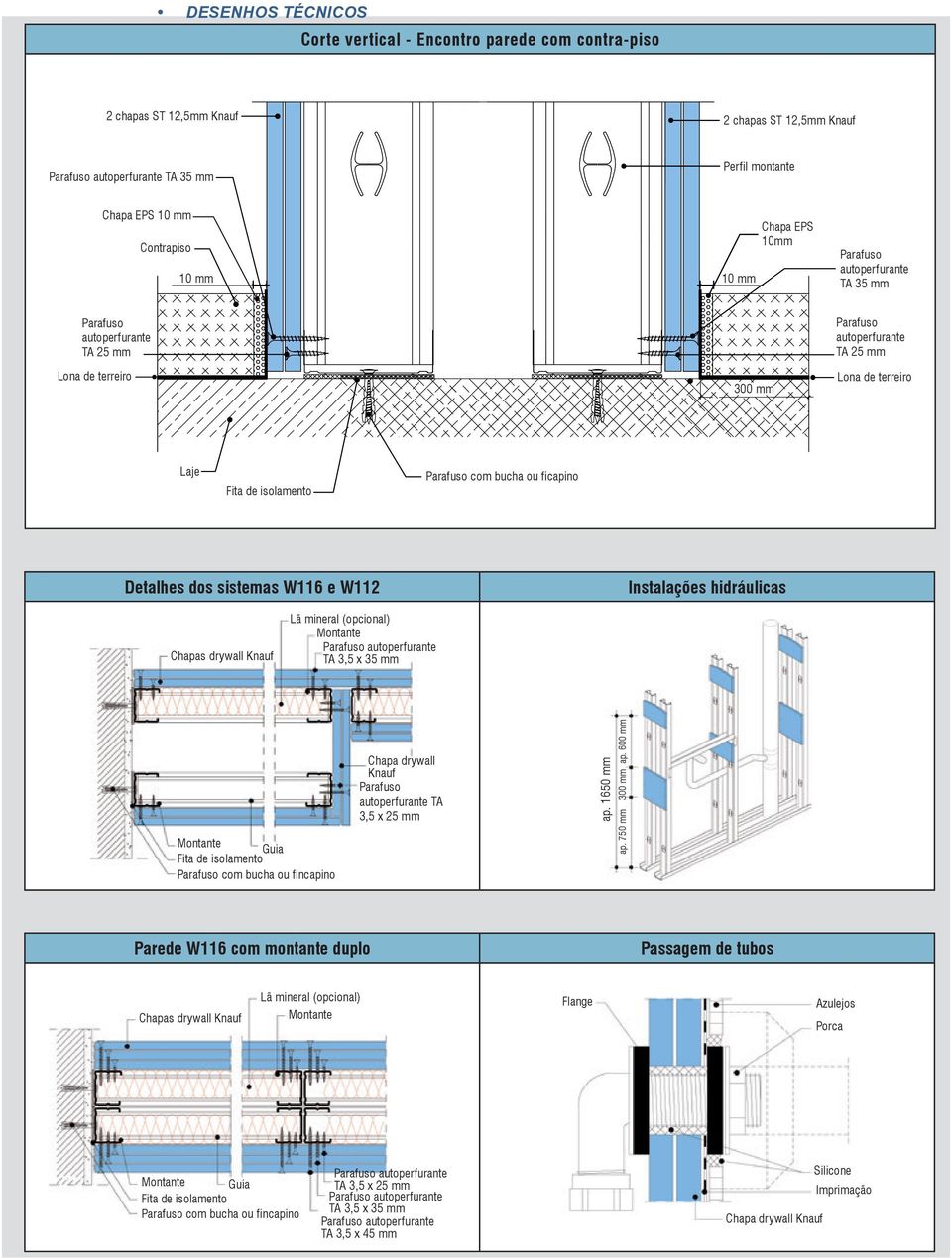 bucha ou ficapino Detalhes dos sistemas W116 e W112 Instalações hidráulicas Chapas drywall Knauf Lã mineral (opcional) Montante Parafuso autoperfurante TA 3,5 x 35 mm Montante Guia Fita de isolamento