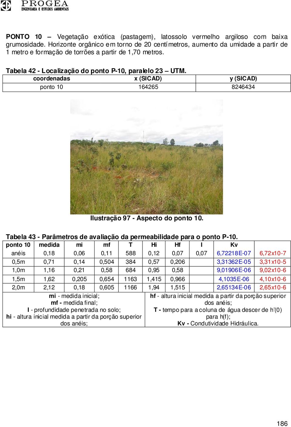 coordenadas x (SICAD) y (SICAD) ponto 10 164265 8246434 Ilustração 97 - Aspecto do ponto 10. Tabela 43 - Parâmetros de avaliação da permeabilidade para o ponto P-10.