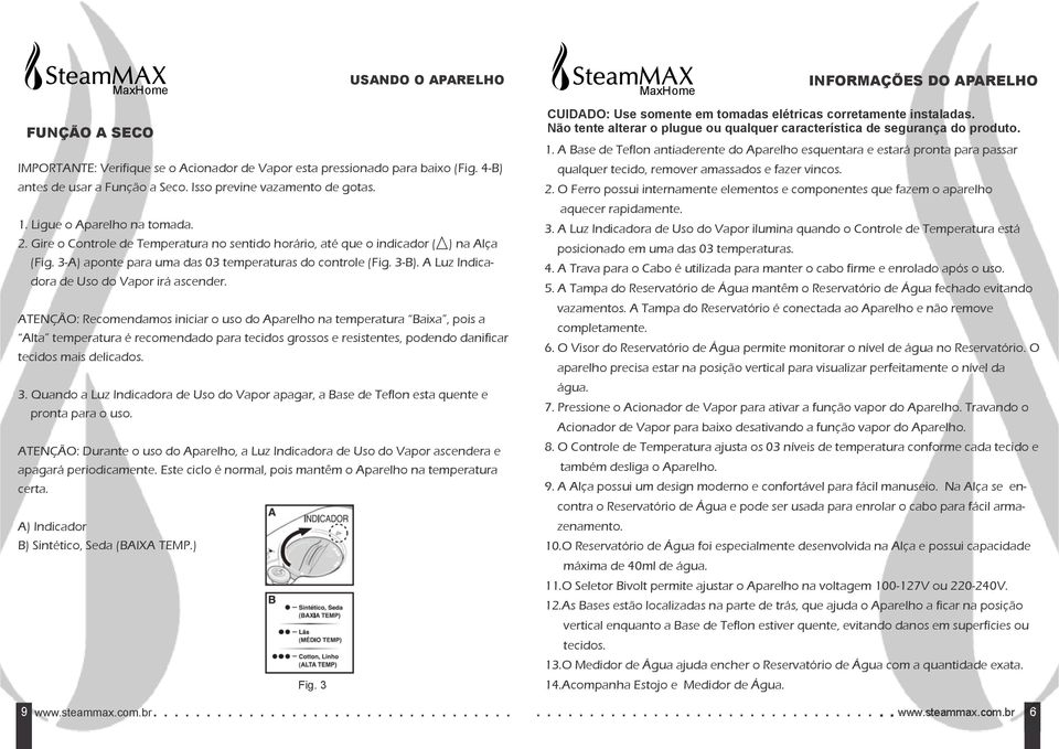 3-A) aponte para uma das 03 temperaturas do controle (Fig. 3-B). A Luz Indicadora de Uso do Vapor irá ascender.