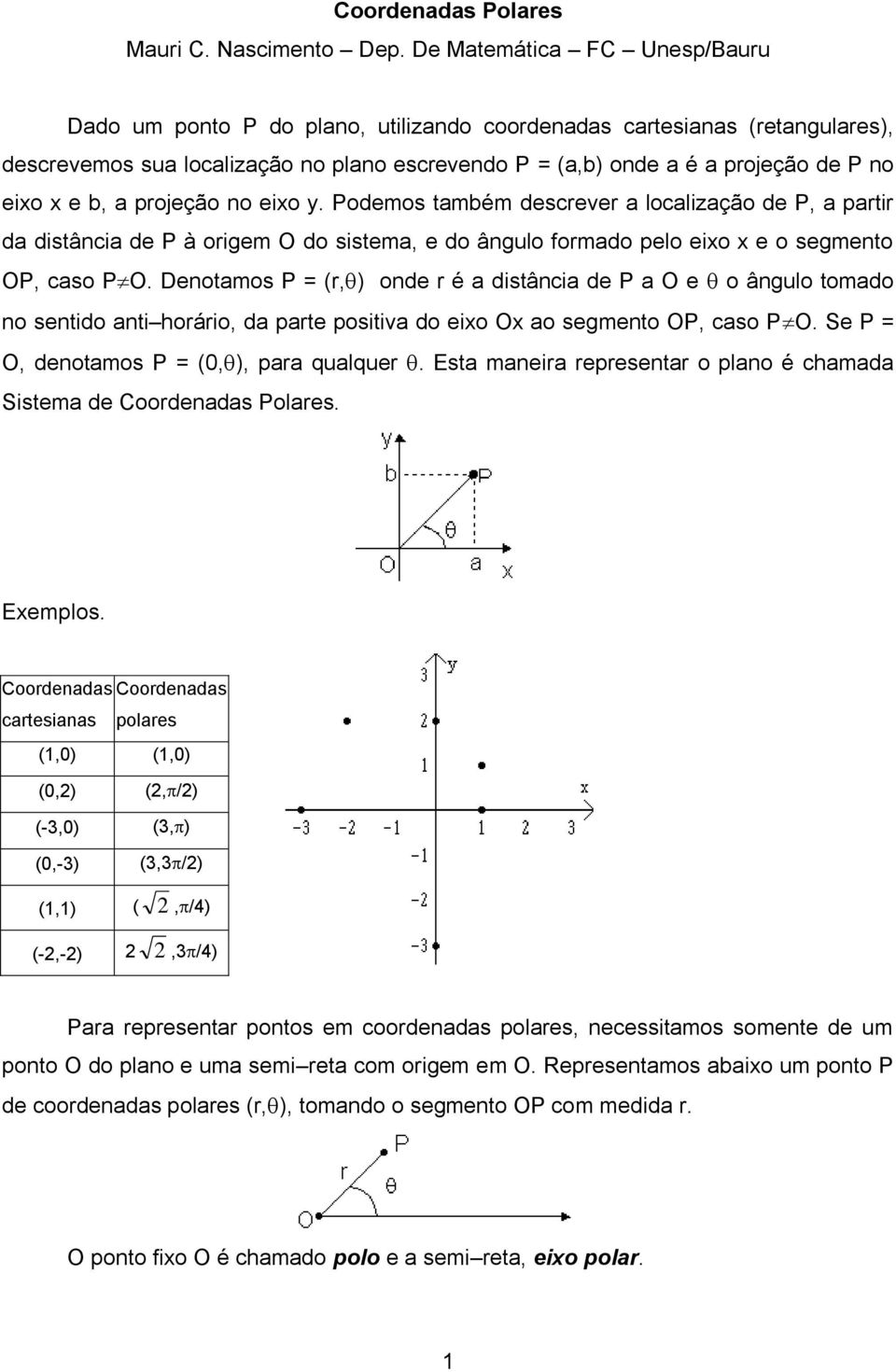 e b, a projeção no eixo y. Podemos também descrever a localização de P, a partir da distância de P à origem O do sistema, e do ângulo formado pelo eixo x e o segmento OP, caso P O.