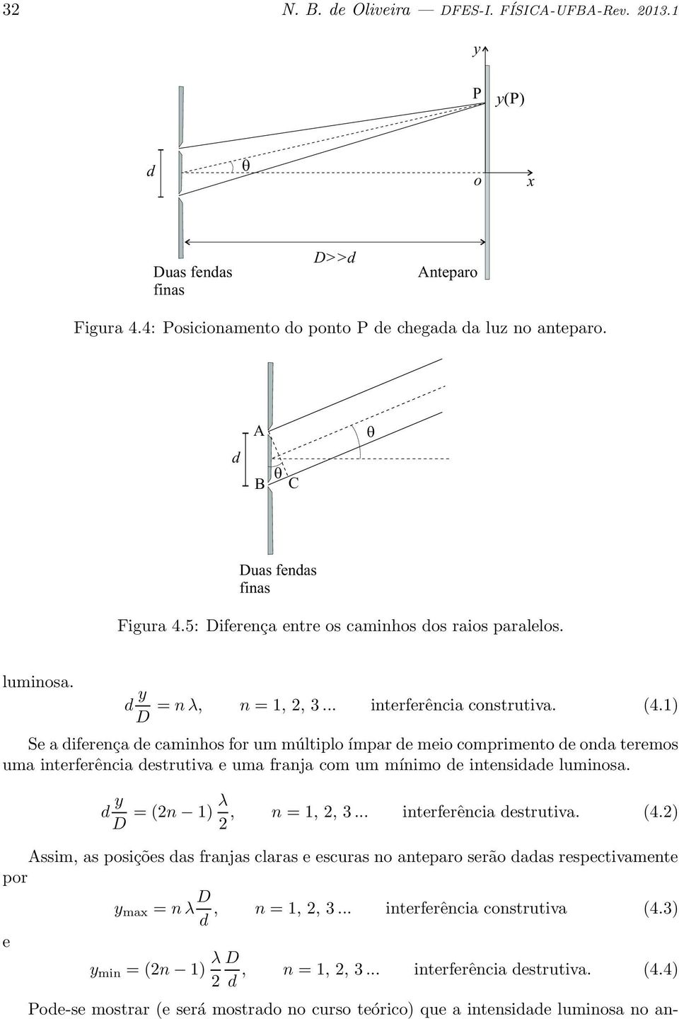 1) Se a iferença e caminhos for um múltiplo ímpar e meio comprimento e ona teremos uma interferência estrutiva e uma franja com um mínimo e intensiae luminosa. y D = (2n 1) λ, n = 1, 2, 3.