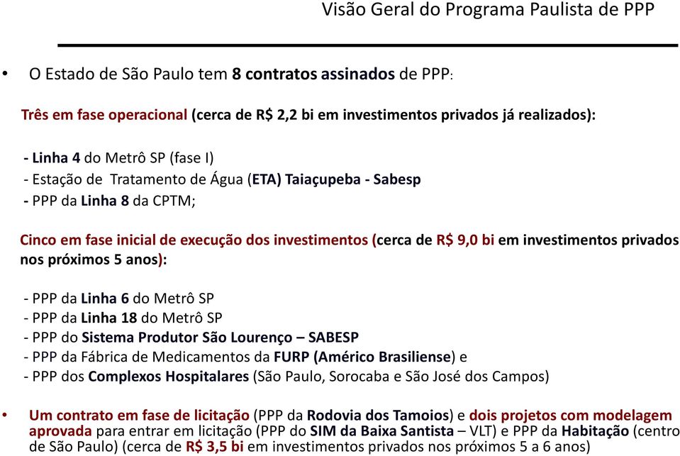 próximos 5 anos): -PPP da Linha 6do Metrô SP -PPP da Linha 18 do Metrô SP -PPP do Sistema Produtor São Lourenço SABESP - PPP da Fábrica de Medicamentos da FURP (Américo Brasiliense) e - PPP dos