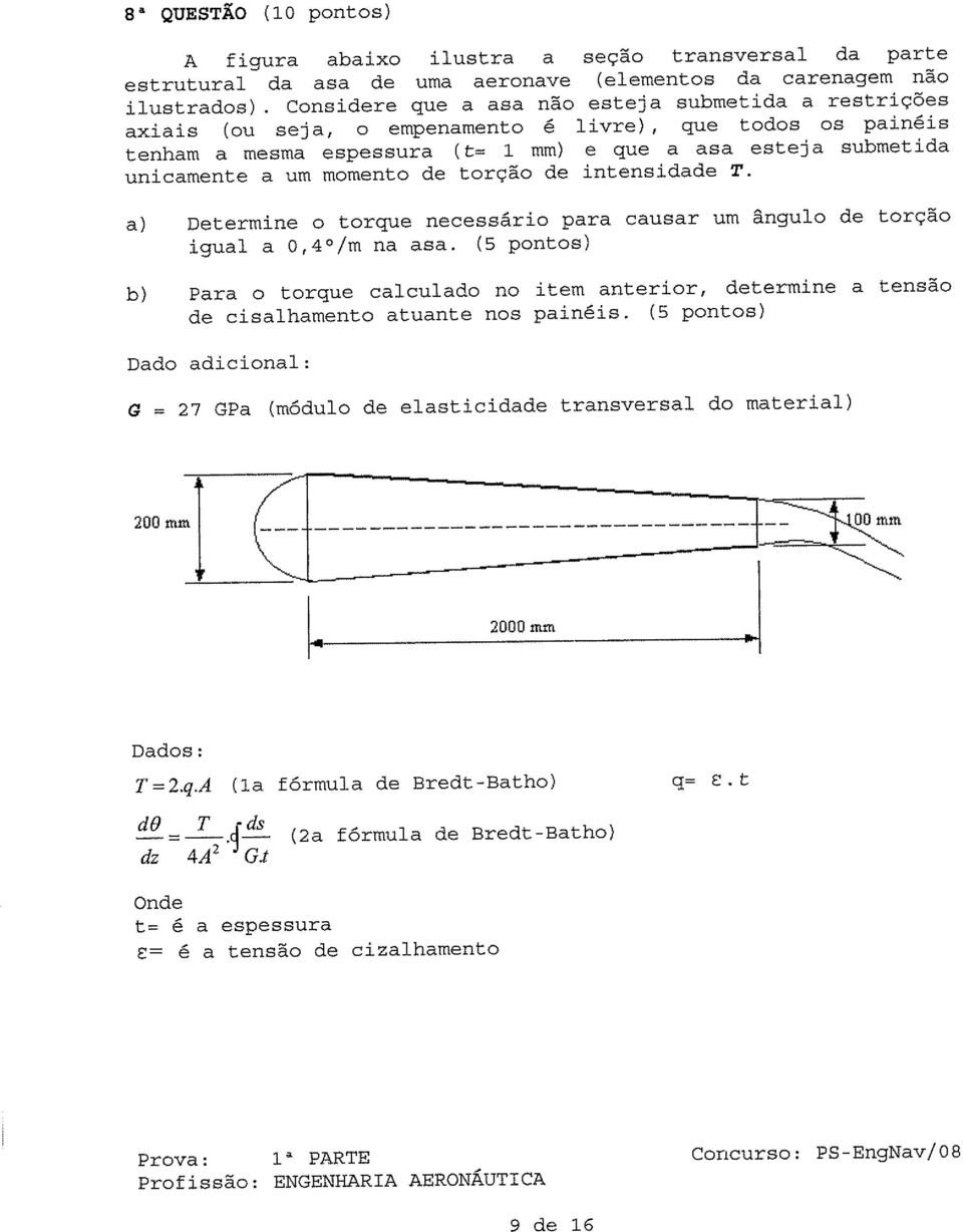 momento de torção de intensidade T. a) Determine o torque necessário para causar um ângulo de torção igual a 0,4 / m na asa.