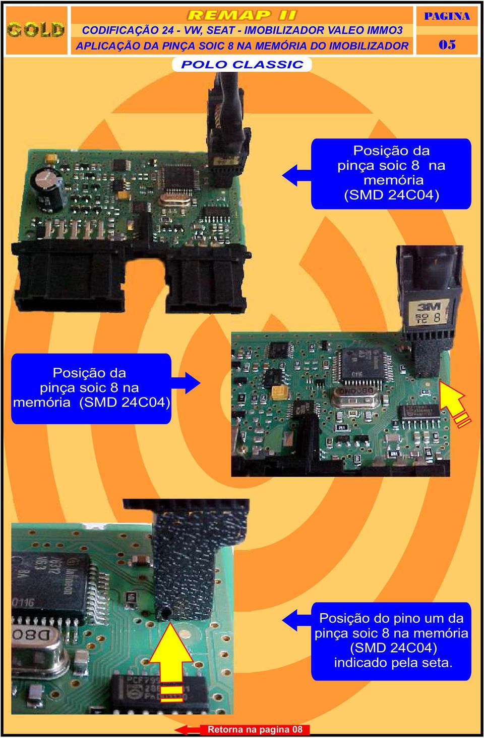 pinça soic 8 na memória (SMD 24C04) Posição do pino um da pinça