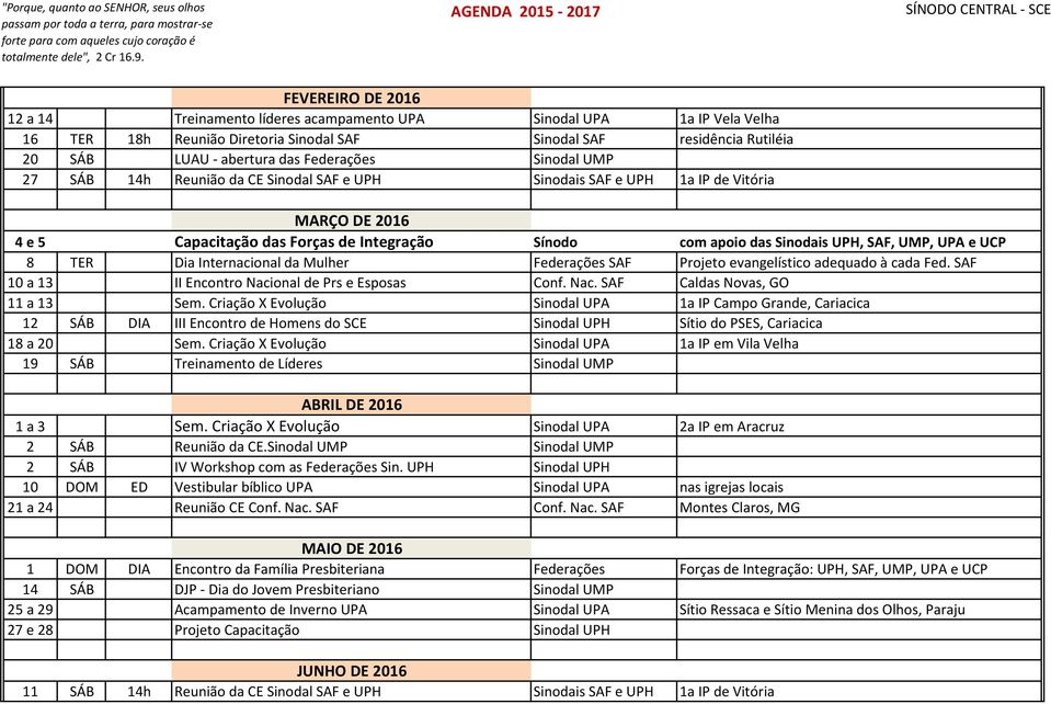 UMP, UPA e UCP 8 TER Dia Internacional da Mulher Federações SAF Projeto evangelístico adequado à cada Fed. SAF 10 a 13 II Encontro Nacional de Prs e Esposas Conf. Nac. SAF Caldas Novas, GO 11 a 13 Sem.